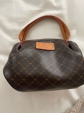 Rioni Dark Brown Monogram Leather Shoulder Bag with Tan Accents